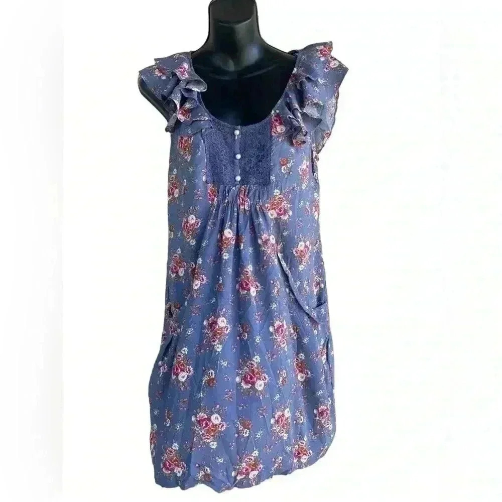 Double Zero women’s blue florar dress ruffle sleeves pearl buttons sz M pockets